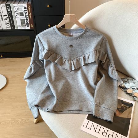 FA45274# 秋季新款时尚荷叶边设计长袖卫衣女纯色温柔气质百搭上衣 服裝批發女裝批發服飾貨源