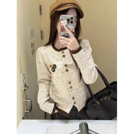 FA45287# 复古圆领针织开衫女春秋新款设计感别致撞色毛衣外套短款上衣 服裝批發女裝批發服飾貨源