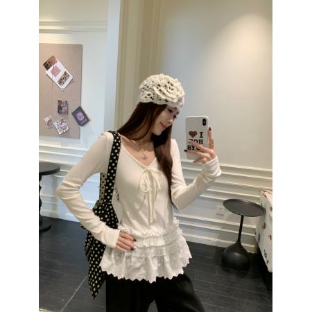 FA45288# 内搭打底衫女新款秋冬高级感长袖T恤白色蕾丝V领上衣 服裝批發女裝批發服飾貨源
