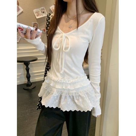 FA45288# 内搭打底衫女新款秋冬高级感长袖T恤白色蕾丝V领上衣 服裝批發女裝批發服飾貨源
