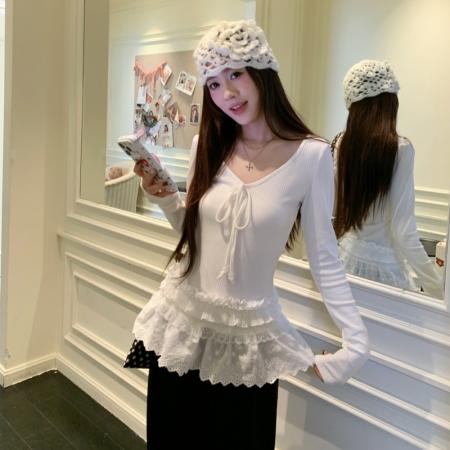 FA45288# 内搭打底衫女新款秋冬高级感长袖T恤白色蕾丝V领上衣 服裝批發女裝批發服飾貨源