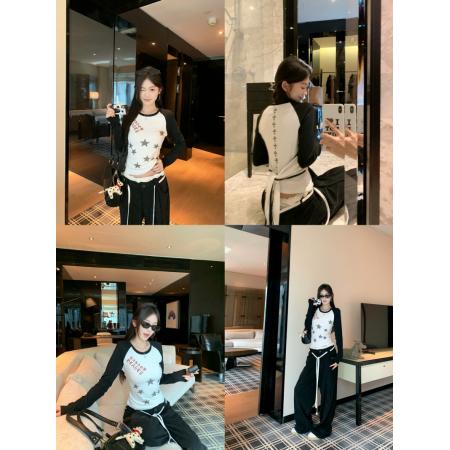 FA45289# 甜酷见习生美式复古撞色印花长袖T恤修身显瘦上衣秋 服裝批發女裝批發服飾貨源