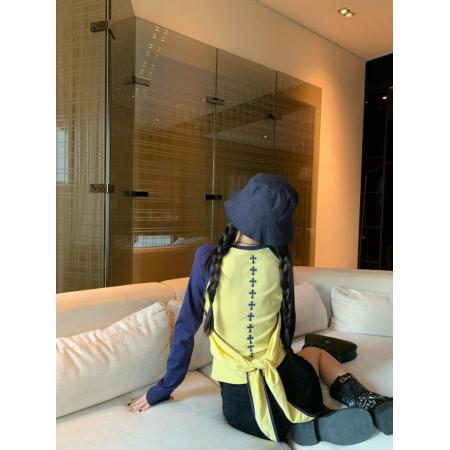 FA45289# 甜酷见习生美式复古撞色印花长袖T恤修身显瘦上衣秋 服裝批發女裝批發服飾貨源