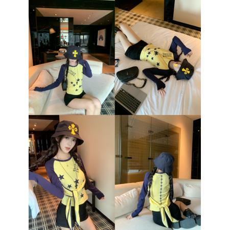 FA45289# 甜酷见习生美式复古撞色印花长袖T恤修身显瘦上衣秋 服裝批發女裝批發服飾貨源