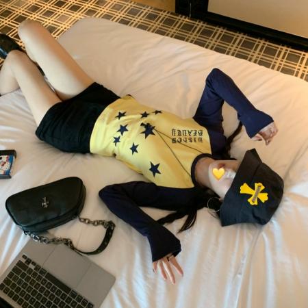 FA45289# 甜酷见习生美式复古撞色印花长袖T恤修身显瘦上衣秋 服裝批發女裝批發服飾貨源