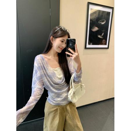 FA45290# 高级感简约荡领上衣秋季收腰设计通勤气质长袖假两件 服裝批發女裝批發服飾貨源