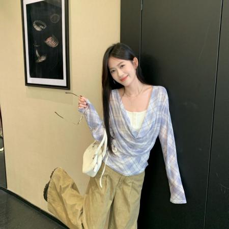 FA45290# 高级感简约荡领上衣秋季收腰设计通勤气质长袖假两件 服裝批發女裝批發服飾貨源