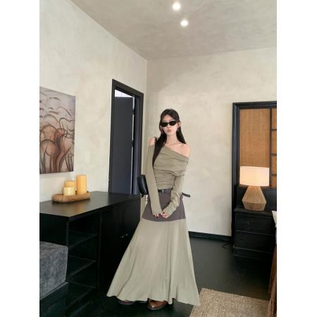 FA45291# 秋季法式气质不规则长袖斜肩上衣+撞色半身裙长裙 服裝批發女裝批發服飾貨源