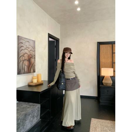 FA45291# 秋季法式气质不规则长袖斜肩上衣+撞色半身裙长裙 服裝批發女裝批發服飾貨源