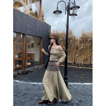 FA45291# 秋季法式气质不规则长袖斜肩上衣+撞色半身裙长裙 服裝批發女裝批發服飾貨源