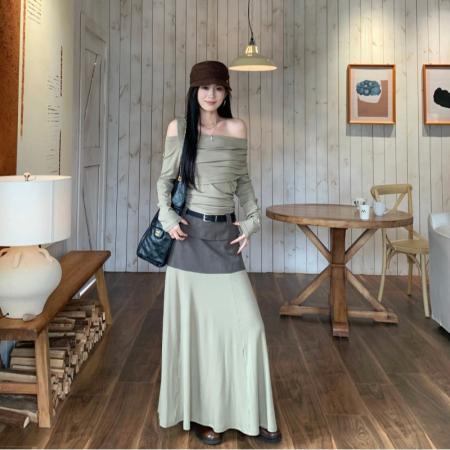 FA45291# 秋季法式气质不规则长袖斜肩上衣+撞色半身裙长裙 服裝批發女裝批發服飾貨源