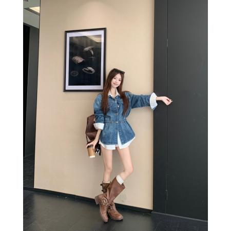 FA45293# 韩系设计感收腰牛仔秋季高级感显瘦翻领长袖外套 服裝批發女裝批發服飾貨源