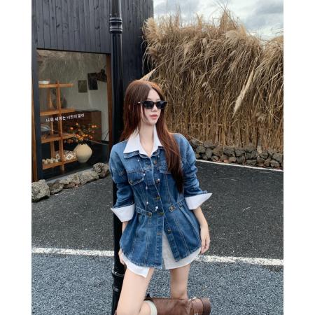 FA45293# 韩系设计感收腰牛仔秋季高级感显瘦翻领长袖外套 服裝批發女裝批發服飾貨源