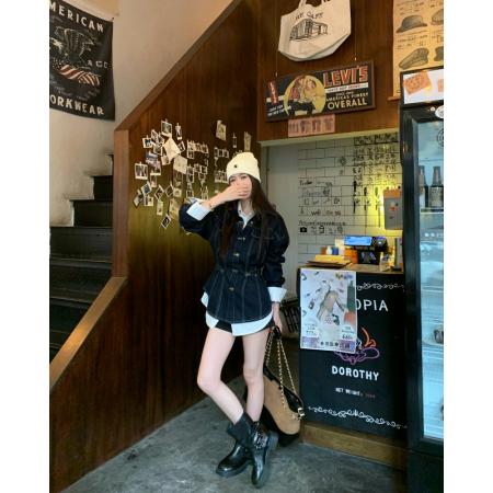 FA45293# 韩系设计感收腰牛仔秋季高级感显瘦翻领长袖外套 服裝批發女裝批發服飾貨源