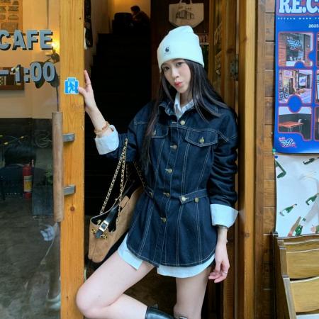 FA45293# 韩系设计感收腰牛仔秋季高级感显瘦翻领长袖外套 服裝批發女裝批發服飾貨源