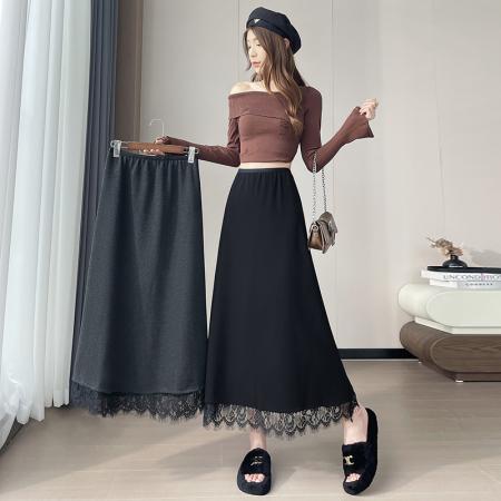 FA45295# 视频秋冬气质蕾丝拼接毛呢A字半身裙松紧腰百搭中长裙子 服裝批發女裝批發服飾貨源