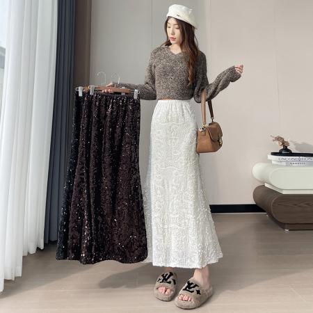 FA45296# 视频亮闪闪的丝绒亮片半身裙女高腰A字鱼尾裙包臀裙中长裙子 服裝批發女裝批發服飾貨源