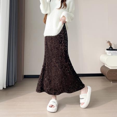 FA45296# 视频亮闪闪的丝绒亮片半身裙女高腰A字鱼尾裙包臀裙中长裙子 服裝批發女裝批發服飾貨源