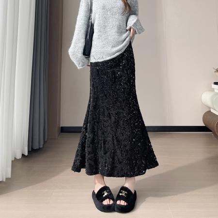 FA45296# 视频亮闪闪的丝绒亮片半身裙女高腰A字鱼尾裙包臀裙中长裙子 服裝批發女裝批發服飾貨源