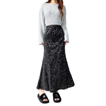 FA45296# 视频亮闪闪的丝绒亮片半身裙女高腰A字鱼尾裙包臀裙中长裙子 服裝批發女裝批發服飾貨源