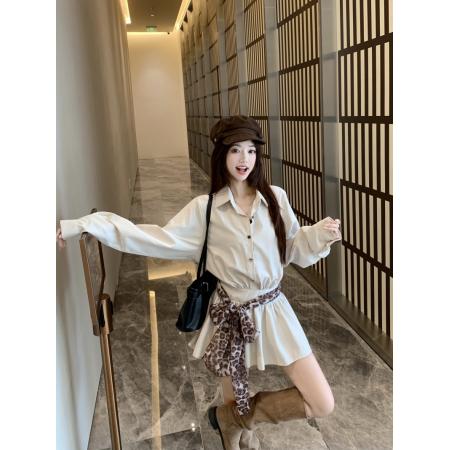 FA45297# 秋韩系polo领长袖衬衫气质连衣裙豹纹收腰百褶短裙 服裝批發女裝批發服飾貨源
