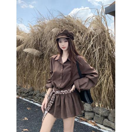 FA45297# 秋韩系polo领长袖衬衫气质连衣裙豹纹收腰百褶短裙 服裝批發女裝批發服飾貨源