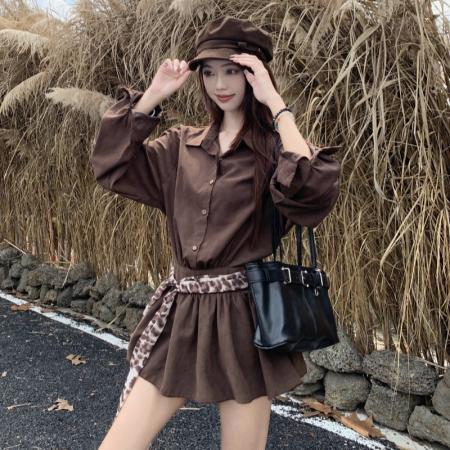 FA45297# 秋韩系polo领长袖衬衫气质连衣裙豹纹收腰百褶短裙 服裝批發女裝批發服飾貨源