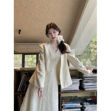 FA45299# 立体提花刺绣显瘦吊带连衣裙长裙+一粒扣气质西装外套 服裝批發女裝批發服飾貨源