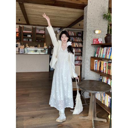 FA45299# 立体提花刺绣显瘦吊带连衣裙长裙+一粒扣气质西装外套 服裝批發女裝批發服飾貨源