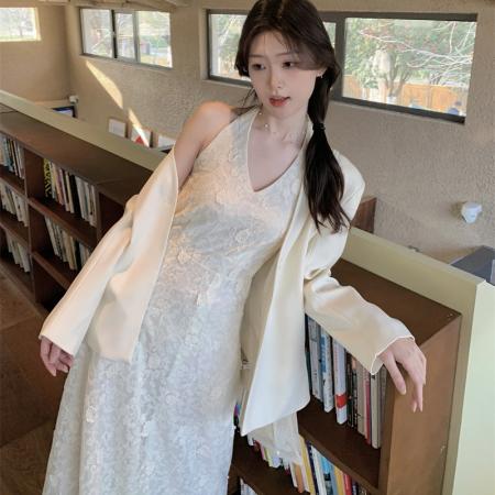 FA45299# 立体提花刺绣显瘦吊带连衣裙长裙+一粒扣气质西装外套 服裝批發女裝批發服飾貨源