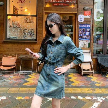 FA45300# 初秋牛仔连衣裙女夏季小众设计感港味复古裙子短裙 服裝批發女裝批發服飾貨源