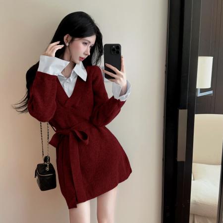 FA45302# 撞色假两件针织衬衫领拼接裙子秋冬法式收腰气质宽松显瘦连衣裙 服裝批發女裝批發服飾貨源