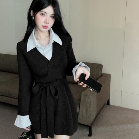 FA45302# 撞色假两件针织衬衫领拼接裙子秋冬法式收腰气质宽松显瘦连衣裙 服裝批發女裝批發服飾貨源