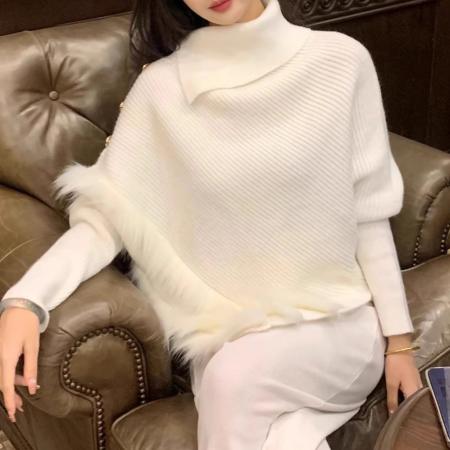 FA45304# 白色高领堆堆领不规则套头毛衣宽松慵懒风蝙蝠袖针织衫 服裝批發女裝批發服飾貨源
