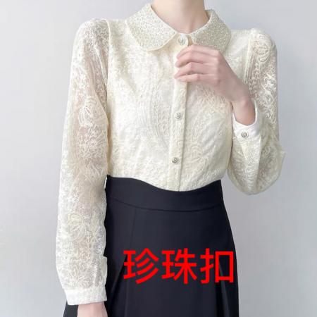 FA45305# 重工钉珠翻领长袖蕾丝衬衫春秋新款刺绣衬衫洋气小衫上衣 服裝批發女裝批發服飾貨源