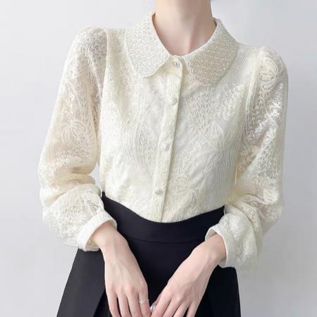 FA45305# 重工钉珠翻领长袖蕾丝衬衫春秋新款刺绣衬衫洋气小衫上衣 服裝批發女裝批發服飾貨源