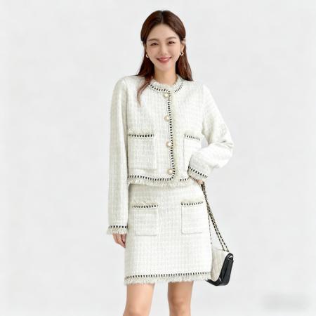 FA45306# 春秋冬韩系高级感气质名媛小香风套装仿貂绒上衣外套＋半身裙 服裝批發女裝批發服飾貨源