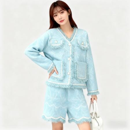 FA45307# 日韩系气质名媛小香风宽松高级百搭流苏针织开衫短外套上衣+短裤 服裝批發女裝批發服飾貨源