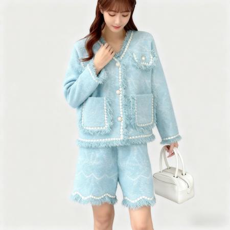 FA45307# 日韩系气质名媛小香风宽松高级百搭流苏针织开衫短外套上衣+短裤 服裝批發女裝批發服飾貨源