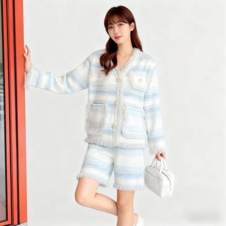 FA45308# 法式气质小香风宽松高级百搭流苏彩虹色针织开衫短外套上衣+短裤 服裝批發女裝批發服飾貨源