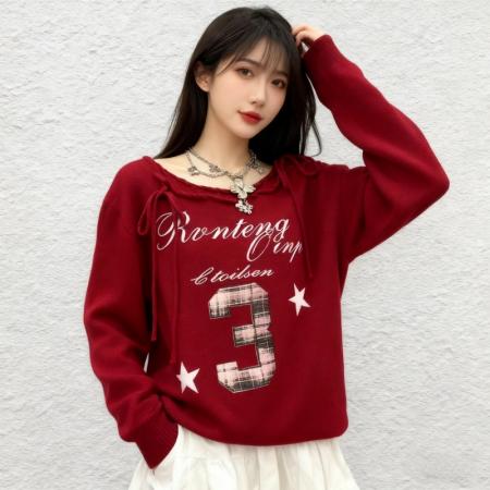 FA45310# 秋冬季新款领口抽绳系带别致设计感休闲时尚套头针织毛衣上衣 服裝批發女裝批發服飾貨源