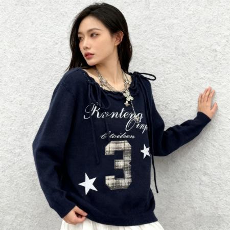 FA45310# 秋冬季新款领口抽绳系带别致设计感休闲时尚套头针织毛衣上衣 服裝批發女裝批發服飾貨源