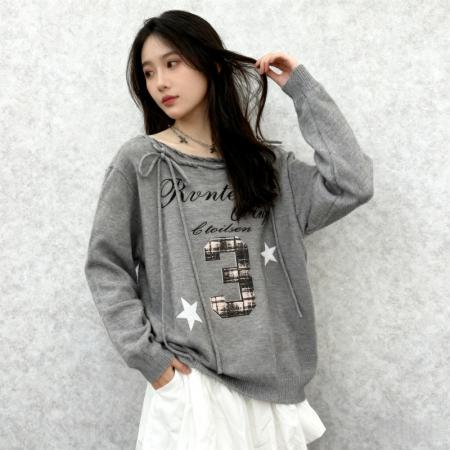 FA45310# 秋冬季新款领口抽绳系带别致设计感休闲时尚套头针织毛衣上衣 服裝批發女裝批發服飾貨源