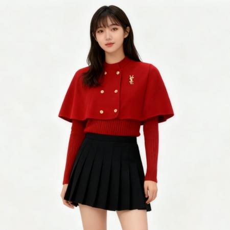 FA45311# 法式赫本风复古双排扣立领斗篷毛衣两件套秋冬女装红色保暖针织衫 服裝批發女裝批發服飾貨源