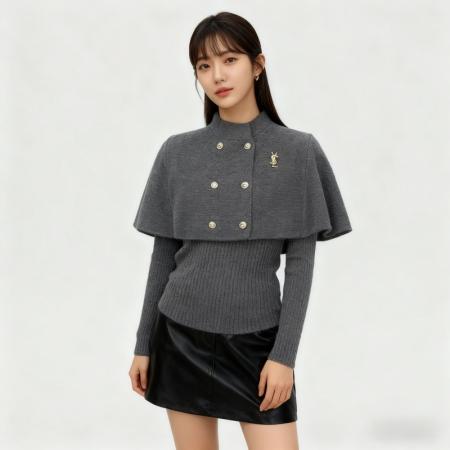 FA45311# 法式赫本风复古双排扣立领斗篷毛衣两件套秋冬女装红色保暖针织衫 服裝批發女裝批發服飾貨源