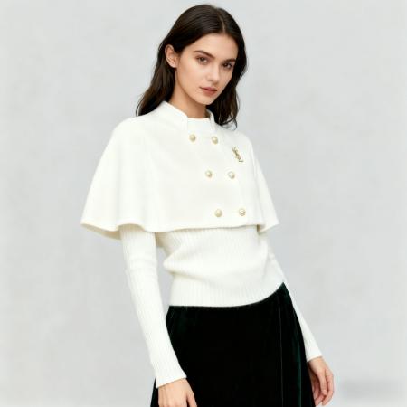 FA45311# 法式赫本风复古双排扣立领斗篷毛衣两件套秋冬女装红色保暖针织衫 服裝批發女裝批發服飾貨源