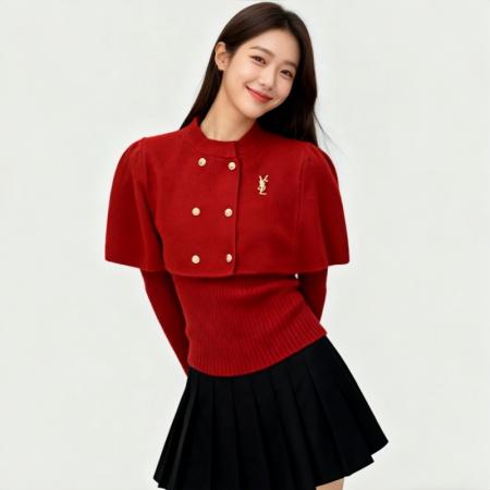 FA45311# 法式赫本风复古双排扣立领斗篷毛衣两件套秋冬女装红色保暖针织衫 服裝批發女裝批發服飾貨源