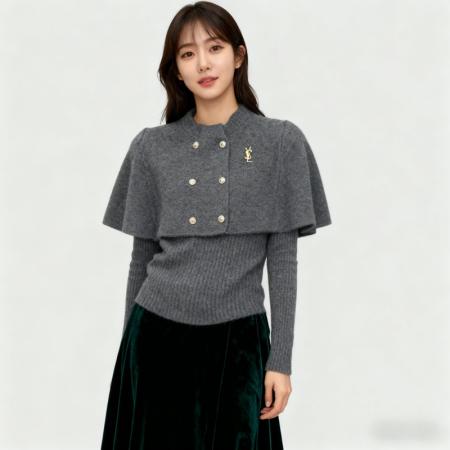 FA45311# 法式赫本风复古双排扣立领斗篷毛衣两件套秋冬女装红色保暖针织衫 服裝批發女裝批發服飾貨源