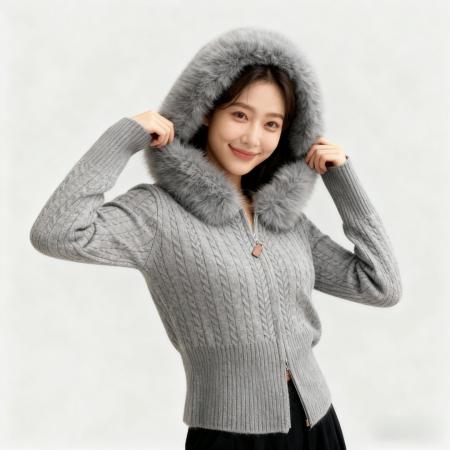 FA45312# 秋冬韩系新款温柔系气质毛领拉链麻花毛衣连帽针织长袖开衫女 服裝批發女裝批發服飾貨源