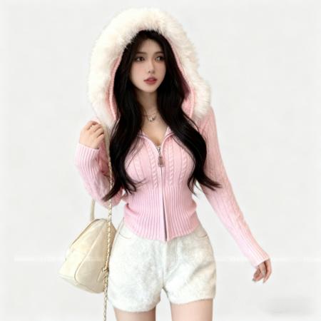 FA45312# 秋冬韩系新款温柔系气质毛领拉链麻花毛衣连帽针织长袖开衫女 服裝批發女裝批發服飾貨源